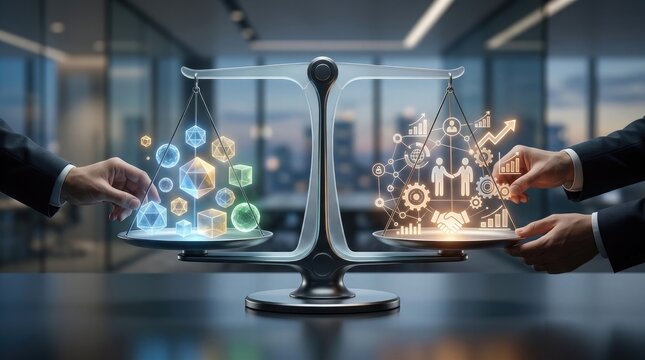 Business hands balancing digital technology icons and traditional corporate symbols on a conceptual scale in office setting