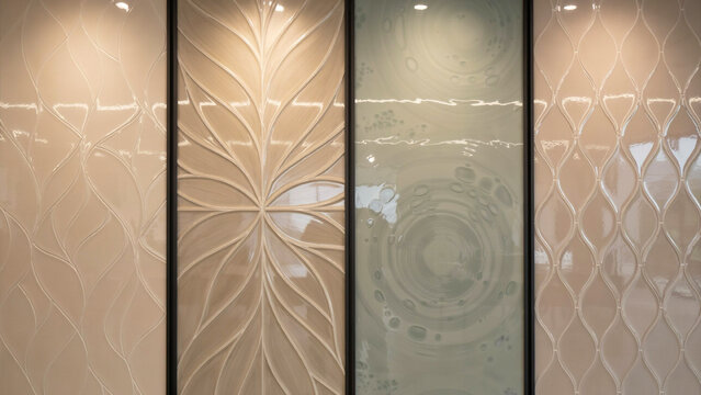 Four vertical glass panels with embossed organic patterns and frosted textures in neutral tones
