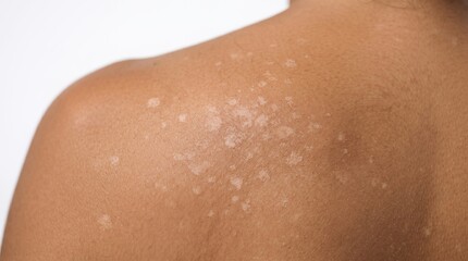 Obraz premium Close up of tinea versicolor, pityriasis alba, or vitiligo depigmentation patches on dark brown skin of a patient's back