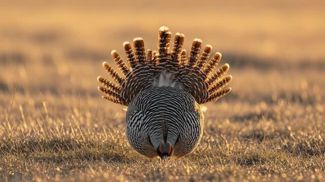 A majestic prairie chicken displaying its fanned tail feathers in golden hour light.