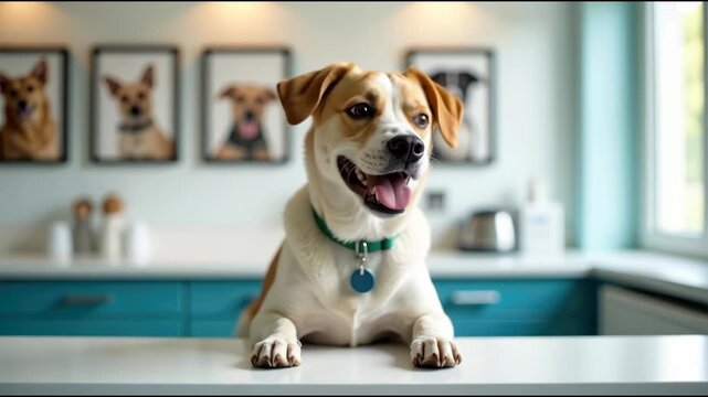 A brown and white dog sitting on a kitchen counter, looking up