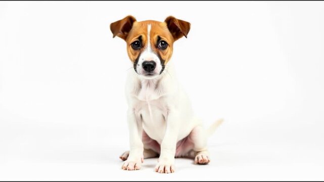 A brown and white dog sits on a white floor