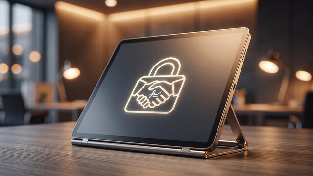 Tablet computer screen shows a glowing padlock icon with a handshake inside on a wooden desk.