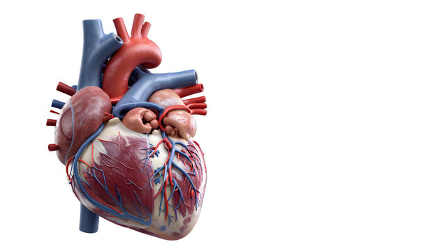 Detailed 3D anatomical illustration of human heart with photorealistic texture showing coronary arteries veins and cardiac muscle floating in dark space