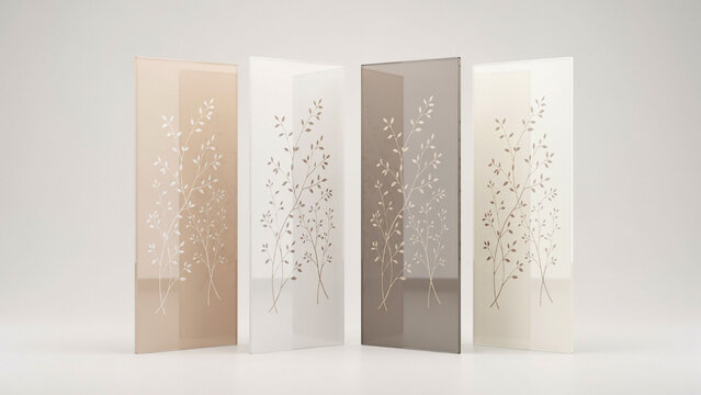 Four vertical glass room dividers featuring minimalist etched botanical branch patterns