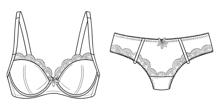 A detailed fashion of a lace-trimmed underwire bra and matching cheeky panties, featuring delicate floral embroidery and small bows, in black line on a white background
