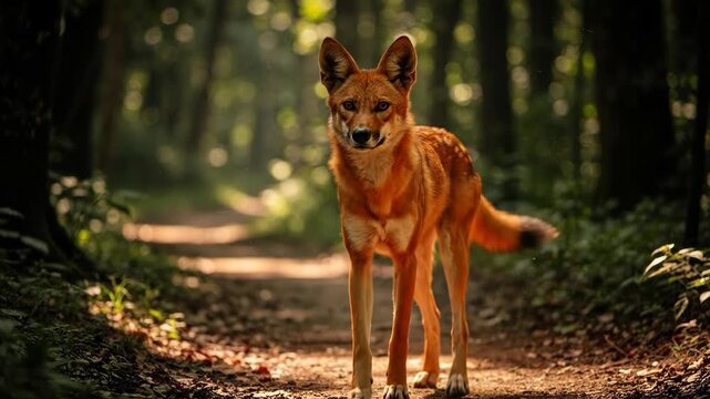 A wild dingo stands alert on a sun-dappled forest path, looking directly at the camera.