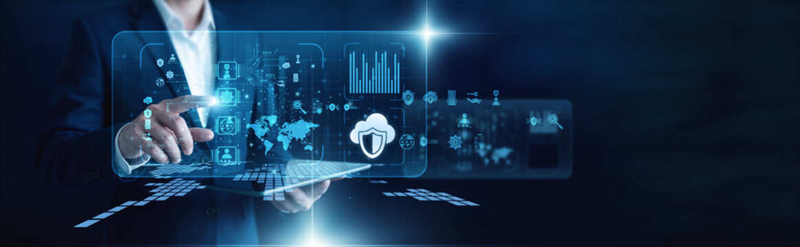Cyber expert tech. Professional hand touch server Cloud Security working on tablet, protecting virtual databases. Securing sensitive data using advanced cloud security protocols.
