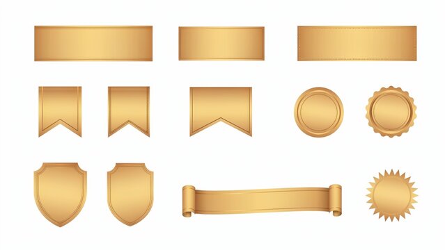 Golden ribbon banners and award seal collection. Set of 12 metallic gold labels, badges, and shield icons for premium branding and certificates.