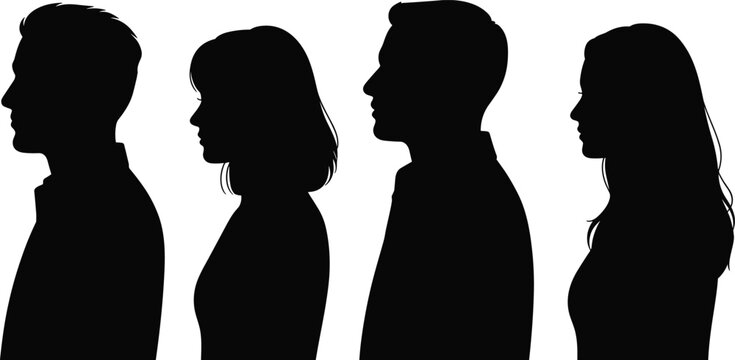 Black silhouettes of two men and two women standing in a row, side profile view, isolated on a white background, representing diversity, teamwork, and group communication concepts