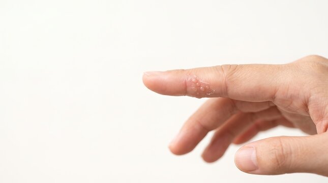 Close up of a finger showing small clear blisters characteristic of dyshidrotic eczema or pompholyx skin condition