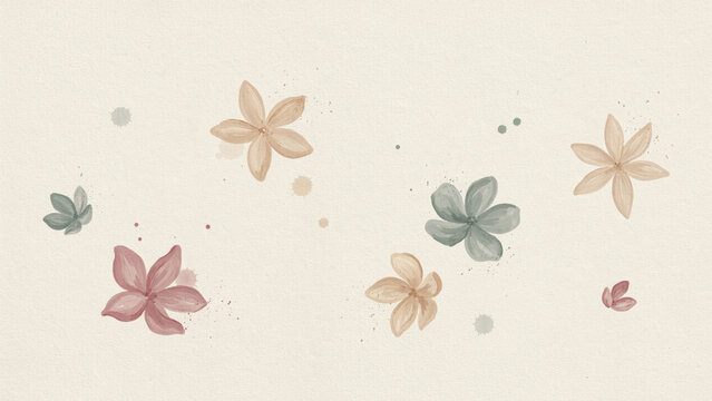 Soft Pastel Watercolor Floral Pattern Featuring Minimalist Wildflowers in Muted Earth Tones on a Textured Off-White Background