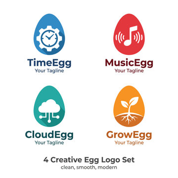 Four distinct egg logos representing time management, music, cloud services, and growth concepts, reflecting creativity and modern branding for diverse services.