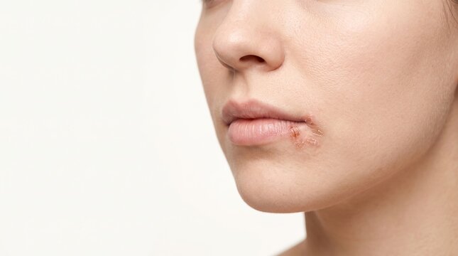 Close up of a woman's mouth showing a healing cold sore, herpes simplex, or angular cheilitis on the lip corner