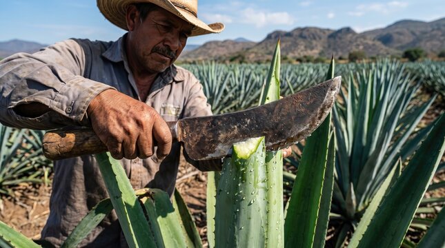 Mexican farmer harvesting agave plant for tequila production using a machete