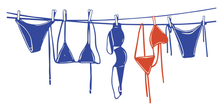 Hand drawn of blue and red swimsuits and bikinis hanging on a clothesline with wooden pegs on a white background, for summer vacation concept