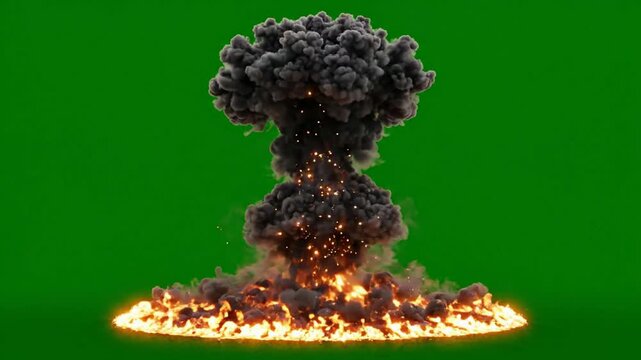 Realistic nuclear explosion mushroom cloud with fire and smoke on green screen for vfx compositing
