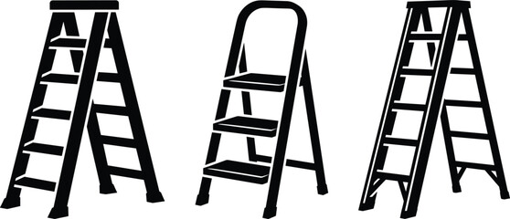 Black silhouette ladder icon set including folding step stools for household maintenance repair construction work and climbing high © MstHusna
