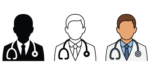 Obraz premium Three variations of a male doctor avatar including a solid black silhouette, a simple black outline, and a full-color version with a white coat and stethoscope