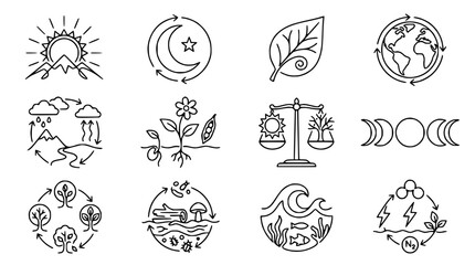 Fototapeta premium Nature Icons Set: Ecology, Cycles, Renewable Energy & Environment Symbols