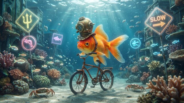 Surreal Goldfish Cycling Through a Colorful Underwater City