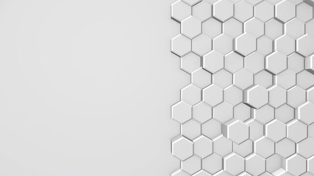 Clean white 3D abstract background with a honeycomb pattern concentrated along the right side, featuring raised hexagonal tiles, soft shadows