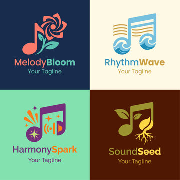 This collection of music-themed logos encapsulates musical creativity and passion, featuring various designs that symbolize harmony and artistic expression through rhythm.