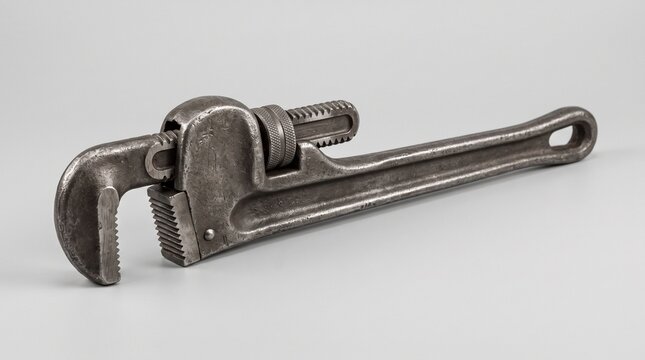 Used industrial heavy-duty metal pipe wrench.