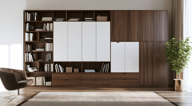 A contemporary wall unit with doors in a crisp white contrasts with dark walnut wood for a modular storage system that includes open shelves, drawers, and closed cabinets. Its minimalist design is per