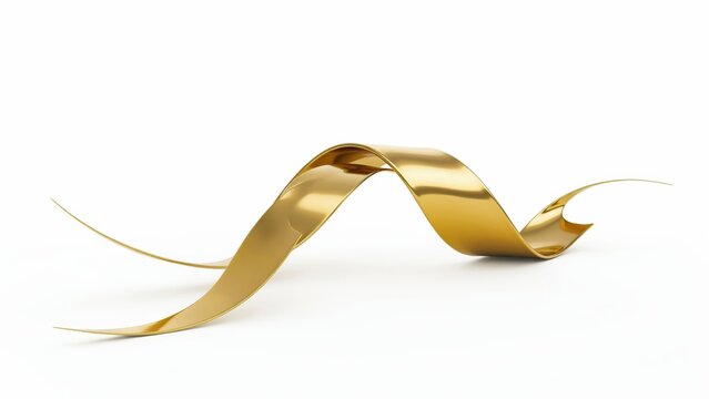 Metallic gold ribbon with elegant wavy curves, flowing golden silk banner on white background, luxury 3d satin swirl for celebration and awards