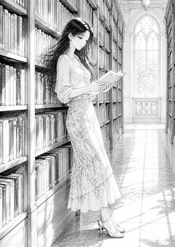 Woman Reading Between Tall Bookshelves in a Library