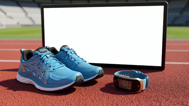 Blue running shoes beside open laptop on outdoor track suggesting online coaching digital fitness planning performance analysis remote training and technology guided exercise