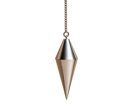 Metal cone pendulum bob hanging from chain isolated on transparent background PNG element