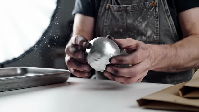 Baker wraps potato in foil for baking in kitchen. Cook prepares potato with aluminum foil. Chef wrapping food in foil. Kitchen preparation with wrapped potato. Baker using foil for cooking potato.