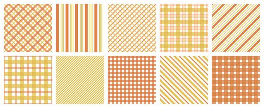 Warm orange yellow and cream pattern collection combines cheerful plaid checks gingham grids vertical bands and diagonal stripes for cozy autumn textiles wrapping paper stationery decorative design
