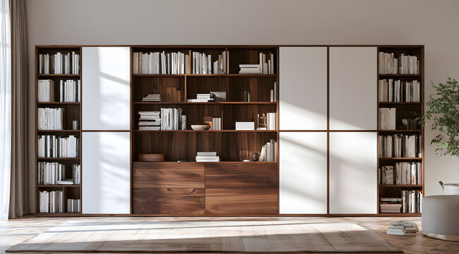Modern wall unit with white doors and a dark walnut wood finish. The modular storage system features open shelves, drawers, and closed cabinets. The minimalist furniture design is suitable for home of