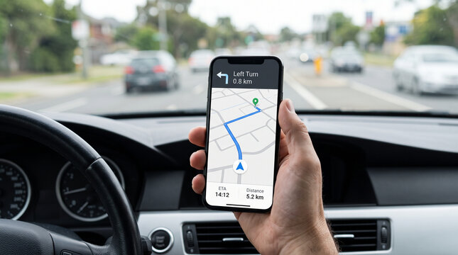 Smartphone GPS navigation app in car, driver holding mobile phone with map route, digital dashboard and steering wheel