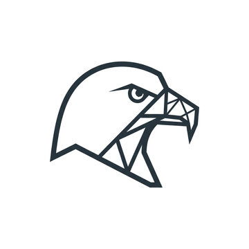 Geometric eagle head logo, minimalist bird of prey line art, modern falcon profile icon, black and white hawk mascot for branding