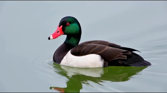 A black and white duck with a distinctive red beak floating on a body of water, great for use in s, designs, or as a symbol