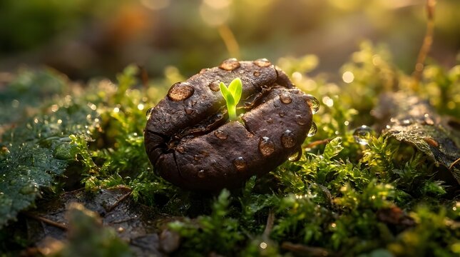 Single coffee bean sprouting on green forest moss.