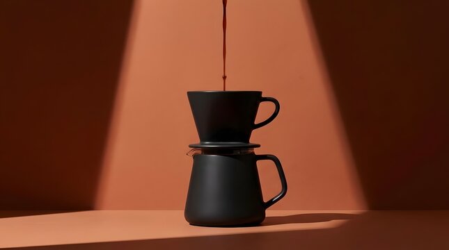 Minimalist black pour over coffee maker on orange.