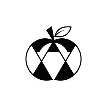 Minimalist apple logo icon, geometric fruit symbol with leaf, black and white abstract apple graphic for branding and identity