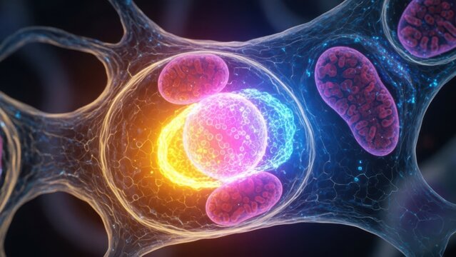 3d illustration of a biological cell with glowing organelles
