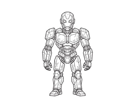 Full body outline illustration of a futuristic robotic armored cyber soldier standing isolated with robot figure cybernetic character mech warrior