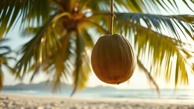 Ripe coconut falling from a palm tree toward sandy ground in tropical morning light.