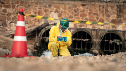 Fototapeta premium Hazmat Worker Examines a Contaminated Water Sample Near an Industrial Drainage Outlet While Wearing a Protective Suit, Respirator, Helmet, Goggles, and Chemical Resistant Gloves