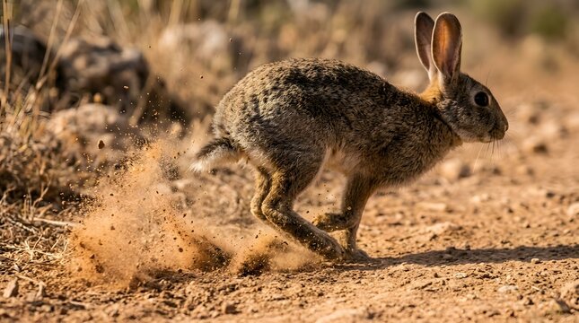 Wild Hare Running Fast On The Dry Dusty Ground