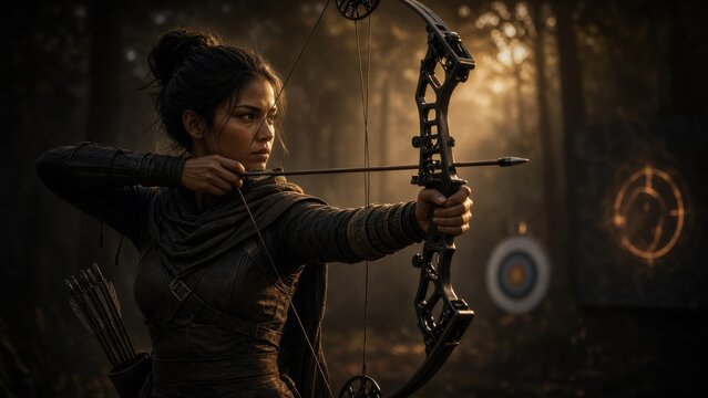 Female Archer Aiming Bow and Arrow at Target in Forest