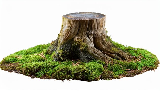 Old Tree Stump With Green Moss Growing On Forest Floor Ground Isolated On Transparent Background