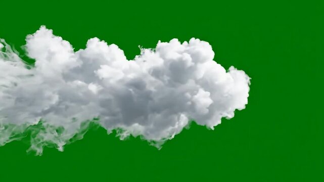 Realistic white cloud moving on green screen, isolated cumulus cloud overlay for compositing and vfx